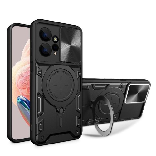 Magsafe Magnetic Camera protection case Armor Hybrid Metal Ring Back Cover For Redmi Note 12 Pro - Black