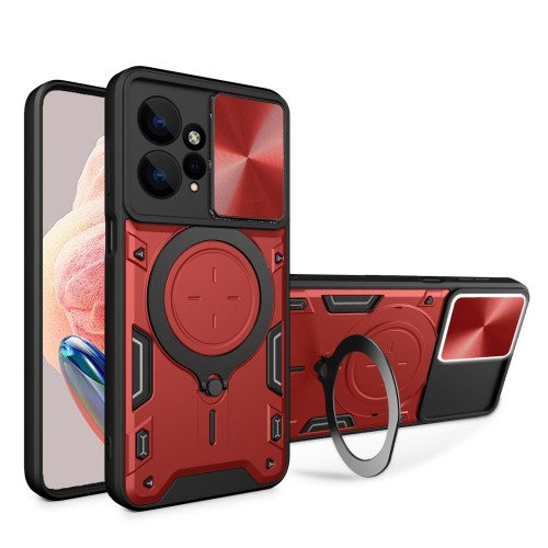Magsafe Magnetic Camera protection case Armor Hybrid Metal Ring Back Cover For Redmi Note 12 Pro - Red