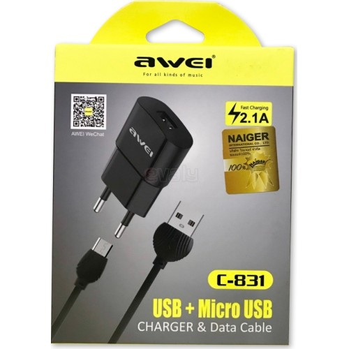 Awei micro USB Cable & USB Wall Adapter Μαύρο (C-831)