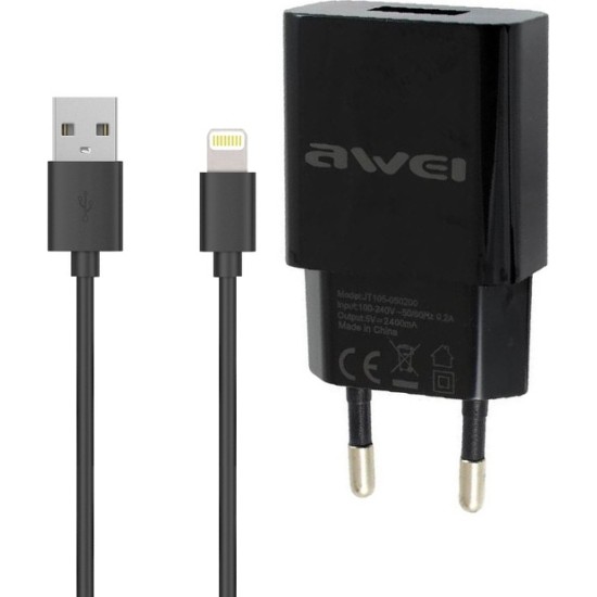 Awei Lightning Cable & USB Wall Adapter Μαύρο (C-832)