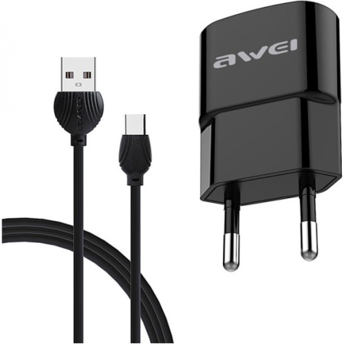 Σετ Φορτιστή Καλώδιο Φόρτισης AWEI C-13M Micro USB 2.1A 1.2m USB Type C Μαύρο