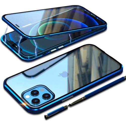 Θήκη iPhone 12 Pro Max LUPHIE Μεταλλική με εσωτερικό μαγνήτη και Premium Tempered Glass διπλής όψης μπλε