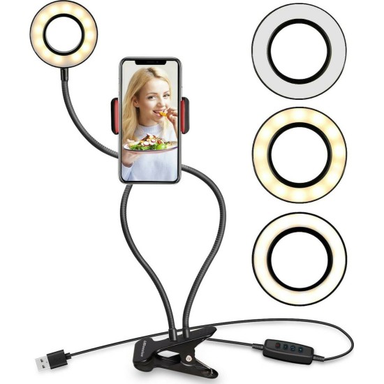 Ring Light 8cm 2500-4500K με Επιτραπέζια Βάση Στήριξης και Βάση για Κινητό