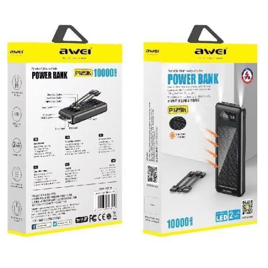 Ηλιακό Power bank με 2 φακούς και 2 θήρες USB 10 000mAh Awei P129K Μαύρο