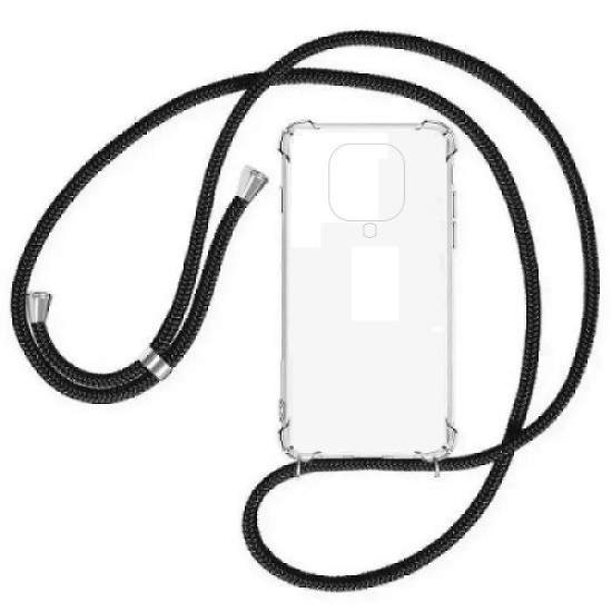 Xiaomi Redmi Note 9S TPU Shockproof Anti Shock Silicone Back Cover Case Transparent with Black Strap Neck Cord (oem)