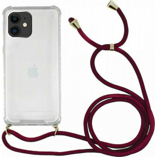 Back Cover Σιλικόνης με Λουράκι Διάφανη / Μπορντό (iPhone 12 / 12 Pro)