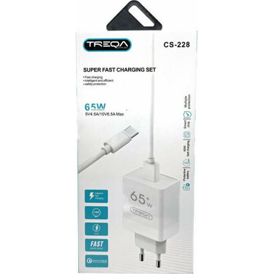 Treqa Φορτιστής με Θύρα USB-A και Καλώδιο USB-C 65W Λευκός (CS-228)