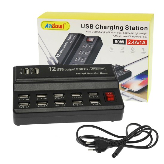 Andowl Βάση Φόρτισης με 12 Θύρες USB-A 60W σε Μαύρο χρώμα (Q-CD10P)