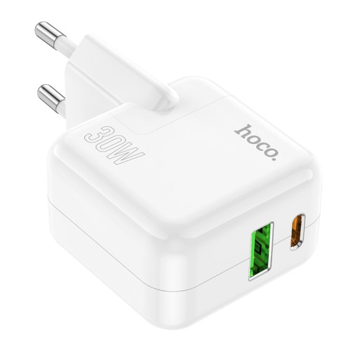 Hoco Φορτιστής Θύρα USB-A και Θύρα USB-C 30W Power Delivery / Quick Charge 3.0 Λευκός (C111A)