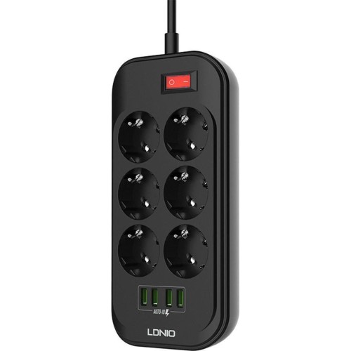 Ldnio Πολύπριζο Ασφαλείας 6 Θέσεων με Διακόπτη, 4 USB και Καλώδιο 2m Μαύρο