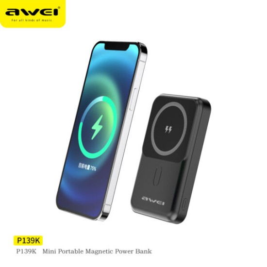 Awei P139K Power Bank Magnetic Wireless with Stand 10000mAh Μαύρο