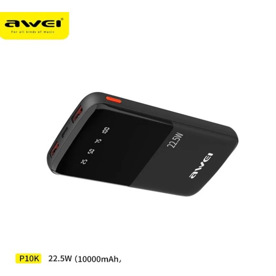 Awei P10K 3 in 1  10000mAh com 2 USB e 1 type C  22,5W 