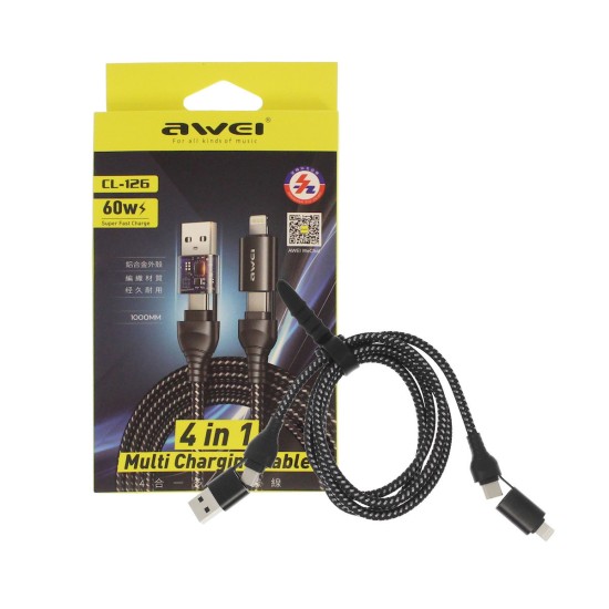AWEI CL-126 4 σε 1 60W Τύπος C έως Τύπος C Καλώδιο γρήγορης φόρτισης USB C για συσκευές iPhone, φορητούς υπολογιστές 1.2M
