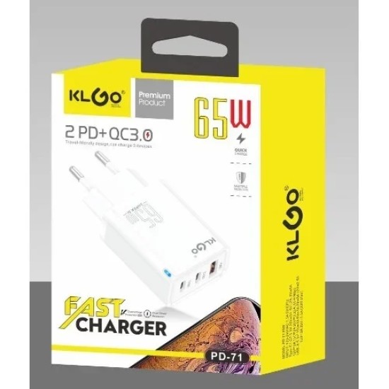 KLGO PD-71 Φορτιστής Γρήγορη Φόρτιση 65W 2 PD+QC3.0