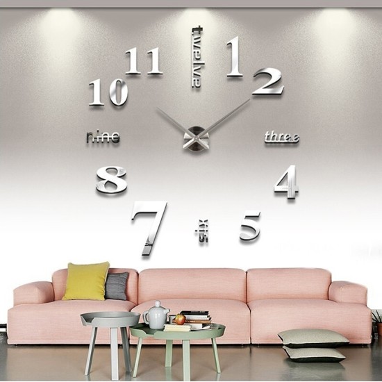 3D Creative Mirror DIY 3D Ρολόι Τοίχου Αυτοκόλλητο Καθρέφτης Ασημί 120cm 415570021
