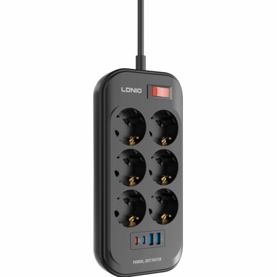 Ldnio SE6403C Πολύπριζο 6 Θέσεων με Διακόπτη 2 USB-A και 2 USB-C και Καλώδιο 2m Μαύρο