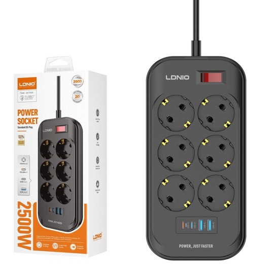 Ldnio SE6403C Πολύπριζο 6 Θέσεων με Διακόπτη 2 USB-A και 2 USB-C και Καλώδιο 2m Μαύρο