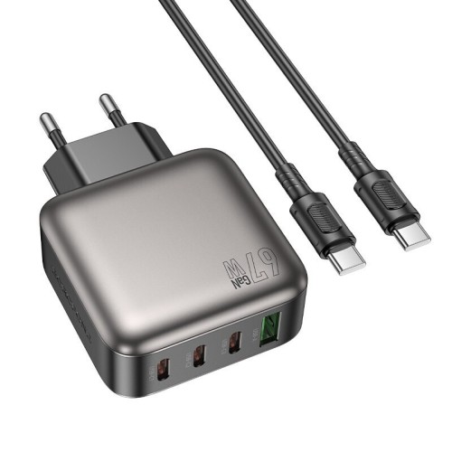 Borofone Φορτιστής GaN με Θύρα USB-A και 3 Θύρες USB-C και Καλώδιο USB-C - USB-C 67W Power Delivery / Quick Charge 3.0 Μαύρος (BAS57A)