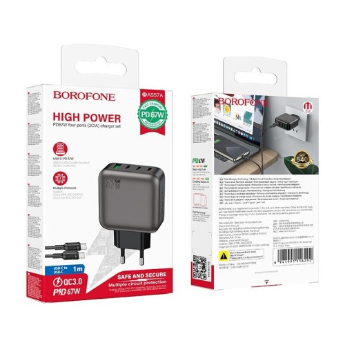 Borofone Φορτιστής GaN με Θύρα USB-A και 3 Θύρες USB-C και Καλώδιο USB-C - USB-C 67W Power Delivery / Quick Charge 3.0 Μαύρος (BAS57A) Borofone Φορτιστής GaN με Θύρα USB-A και 3 Θύρες USB-C και Καλώδιο USB-C - USB-C 67W Power Delivery / Quick Charge 3.0 Μαύρος (BAS57A)