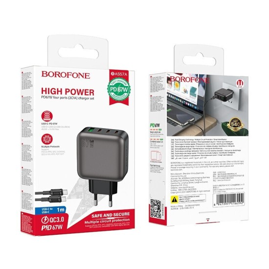 Borofone Φορτιστής GaN με Θύρα USB-A και 3 Θύρες USB-C και Καλώδιο USB-C - USB-C 67W Power Delivery / Quick Charge 3.0 Μαύρος (BAS57A)