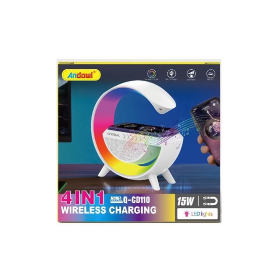 Andowl Q-CD110 Φωτιστικό LED RGB με Ασύρματη Βάση Φόρτισης, Ηχείο Bluetooth, FM Λευκό