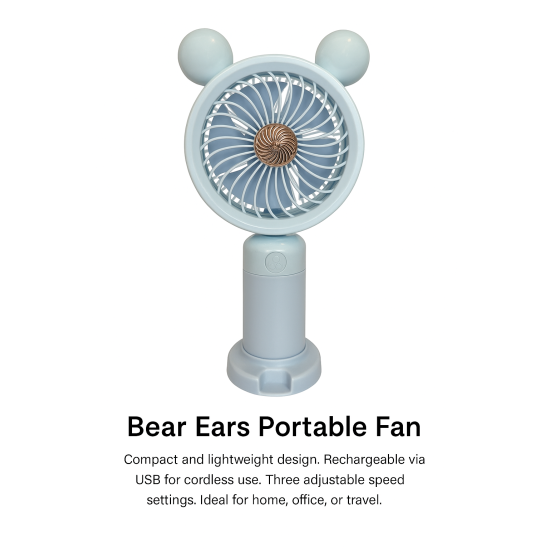 Φορητός Ανεμιστήρας Χειρός - Επιτραπέζιος Bear Ears – USB/Επαναφορτιζόμενος - Γαλάζιο