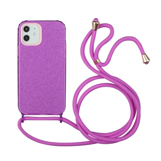 Θήκη iPhone 11 Pro Max Glitter Shine Cover Hard Case με Λουράκι Κορδόνι Λαιμού -Μωβ