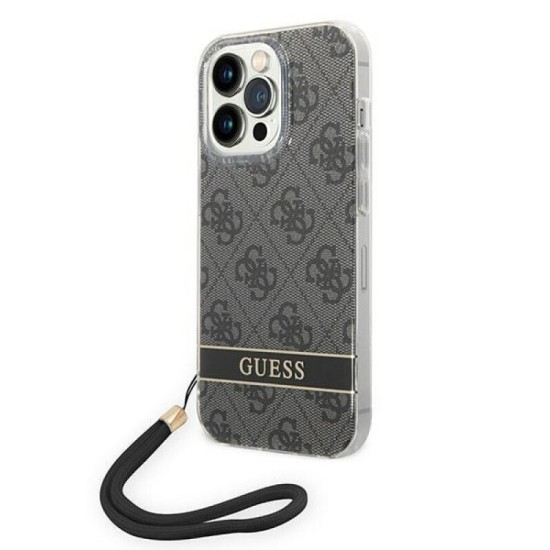 Sponsored Guess iPhone 14 Pro Print Strap Σκληρή Θήκη με Πλαίσιο Σιλικόνης και Λουράκι - Black - GUOHCP14LH4STK