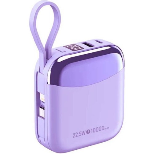 Takemore Mini Power Bank Διπλής Έξοδου USB-A USB-C Με Καλώδιο Φωτισμού USB-C 22.5W 10000 mAh, R56J Mωβ