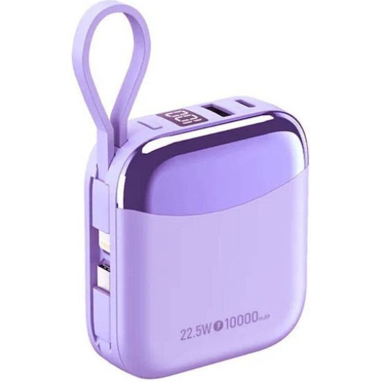 Takemore Mini Power Bank Διπλής Έξοδου USB-A USB-C Με Καλώδιο Φωτισμού USB-C 22.5W 10000 mAh, R56J Mωβ