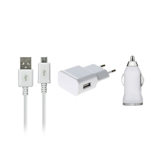 OEM Σετ Φορτιστή (Ταξιδιού + Αυτοκινήτου) Micro USB 2.0A Λευκό