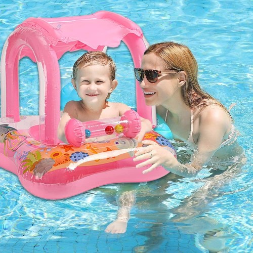 Σωσίβιο Swimtrainer με Σκίαστρο Ροζ Baby Swimming Ring