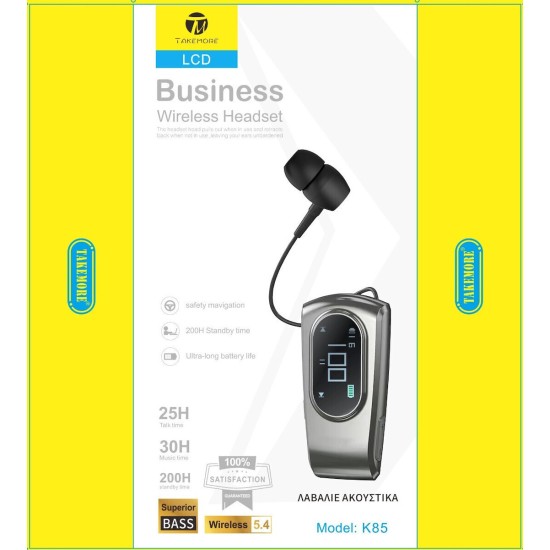 Takemore K85 In-ear Bluetooth Handsfree Ακουστικό Πέτου Μαύρο