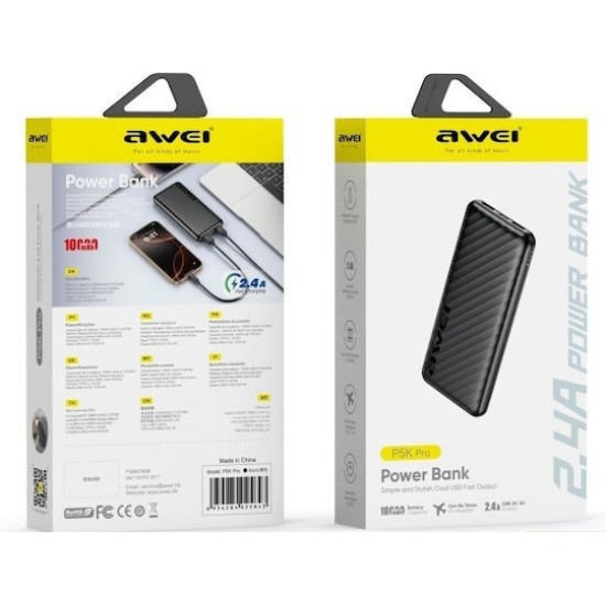 Awei P5K Pro Power Bank 10000mAh με 2 Θύρες USB-A Μαύρο Awei P5K Pro Power Bank 10000mAh με 2 Θύρες USB-A Μαύρο