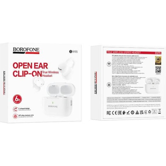 Borofone BW95 Cancion Open Ear Bluetooth Handsfree Ακουστικά με Θήκη Φόρτισης Λευκά