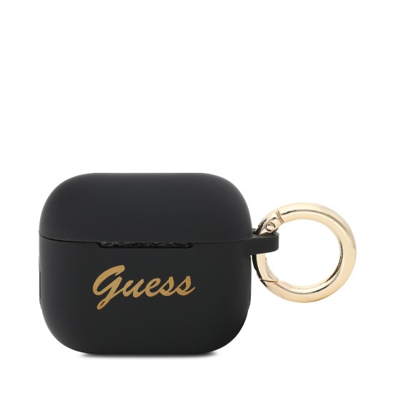 Guess Vintage Script Θήκη Σιλικόνης με Γάντζο σε Μαύρο χρώμα για Apple AirPods 3