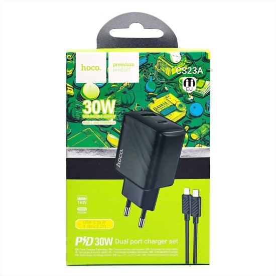Charger kit Hoco CS23A 1USB/1USB-C PD/QC 30W Type-C to Lighting Black