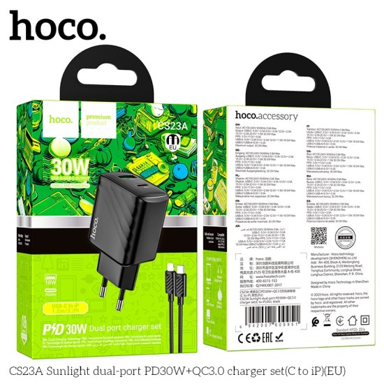 Charger kit Hoco CS23A 1USB/1USB-C PD/QC 30W Type-C to Lighting Black