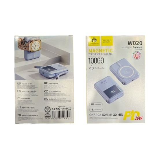 Takemore W020 Power Bank Magnetic Wireless 10000mAh PD 20W Μαύρο