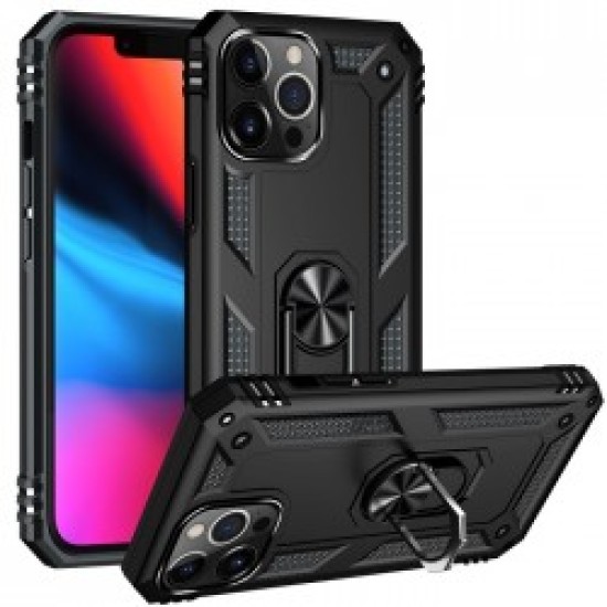 iPhone 13 Pro Max Hybrid Shockproof Armor Case Metal Rotating Ring Car Mount Holder BLACK (oem)