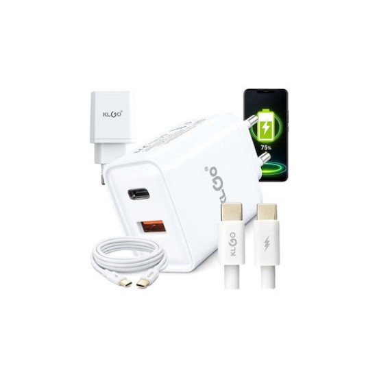 KLGO Φορτιστής με Θύρα USB-A και Θύρα USB-C και Καλώδιο USB-C - USB-C 35W Power Delivery Λευκός (PD-22) KLGO Φορτιστής με Θύρα USB-A και Θύρα USB-C και Καλώδιο USB-C - USB-C 35W Power Delivery Λευκός (PD-22)