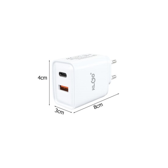 KLGO Φορτιστής με Θύρα USB-A και Θύρα USB-C και Καλώδιο USB-C - USB-C 35W Power Delivery Λευκός (PD-22) KLGO Φορτιστής με Θύρα USB-A και Θύρα USB-C και Καλώδιο USB-C - USB-C 35W Power Delivery Λευκός (PD-22)