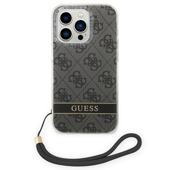 Sponsored Guess iPhone 14 Pro Print Strap Σκληρή Θήκη με Πλαίσιο Σιλικόνης και Λουράκι - Black - GUOHCP14LH4STK