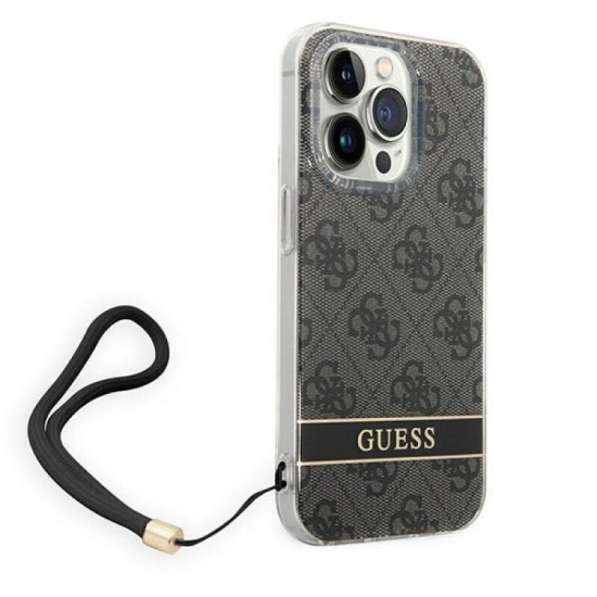 Sponsored Guess iPhone 14 Pro Print Strap Σκληρή Θήκη με Πλαίσιο Σιλικόνης και Λουράκι - Black - GUOHCP14LH4STK