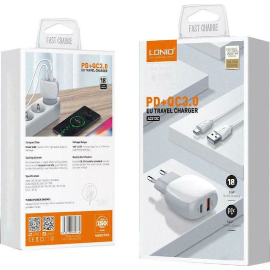 Ldnio A2313C Φορτιστής με Καλώδιο Lightning με Θύρα USB-A & USB-C 20W Power Delivery & Quick Charge 3.0 White Ldnio A2313C Φορτιστής με Καλώδιο Lightning με Θύρα USB-A & USB-C 20W Power Delivery & Quick Charge 3.0 White