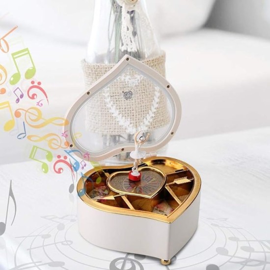 Mechanical Rotating Ballerina Dancer Music Box Heart Shaped Musical Jewelry Box