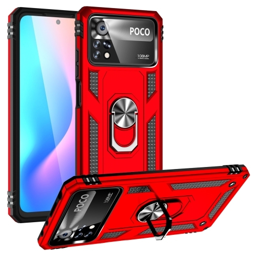 Xiaomi Poco X4 Pro 5G Hybrid Shockproof Armor Case Metal Rotating Ring Car Mount Holder Red (oem)