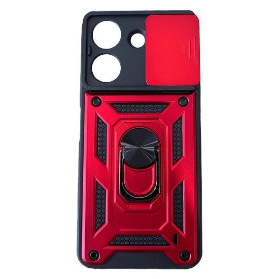 Poco C65 Hybrid Shockproof Armor Case Metal Rotating Ring Car Mount Holder Red με Κάλυψη Κάμερας (oem)