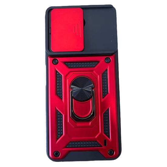Poco C65 Hybrid Shockproof Armor Case Metal Rotating Ring Car Mount Holder Red με Κάλυψη Κάμερας (oem)