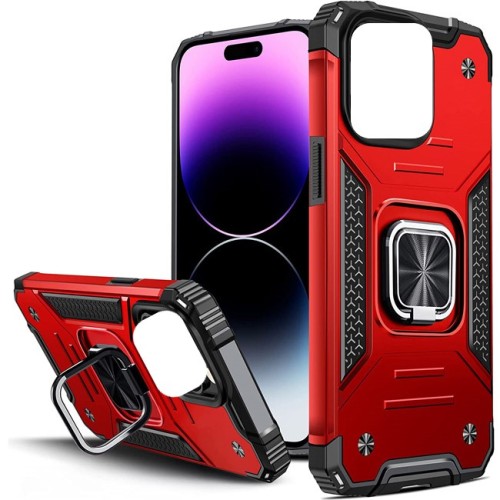  iPhone 15 Hybrid Shockproof Armor Case Metal Rotating Ring Car Mount Holder Κόκκινο (oem)